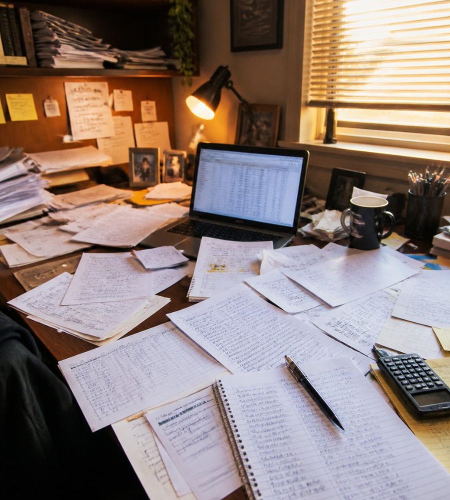 Cluttered desk of scattered reports and spreadsheets